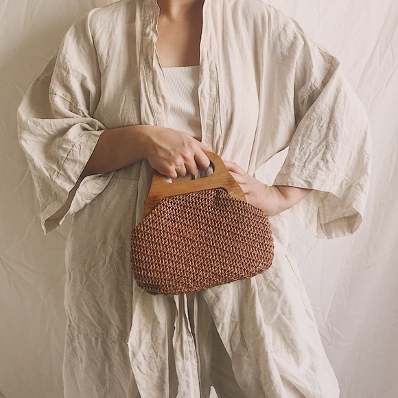 Vintage Handbags - 1970s Raffia Wood Top Handle Clutch Handbag